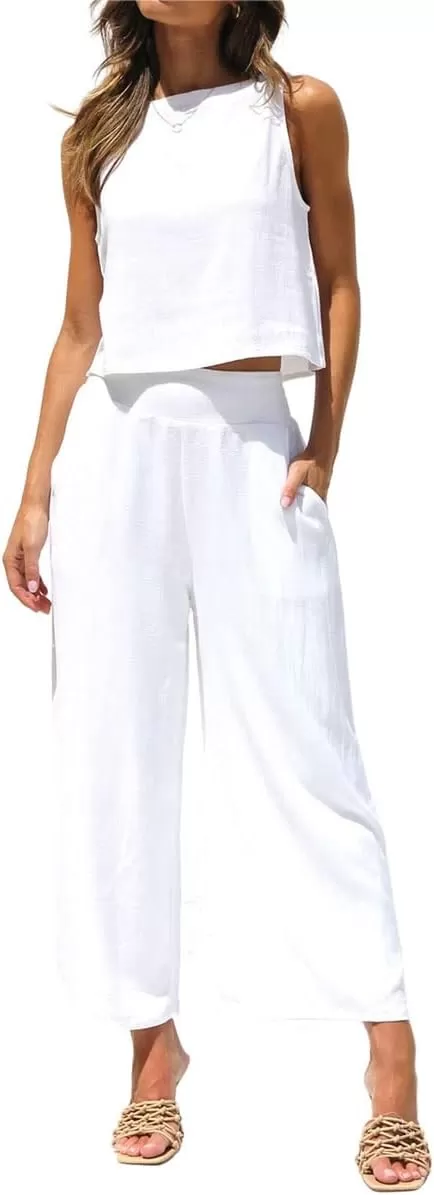 imagechouyatou Womens 2 Piece Outfits Cotton Linen Sleeveless Cropped Tank Top and Wide Leg Pant SetsWhite