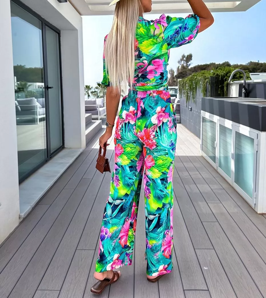 imagechouyatou Womens 2 Piece Outfits Floral Puff Sleeve Self Tie Crop Top and Elastic Waist Wide Leg Pants SetGreen