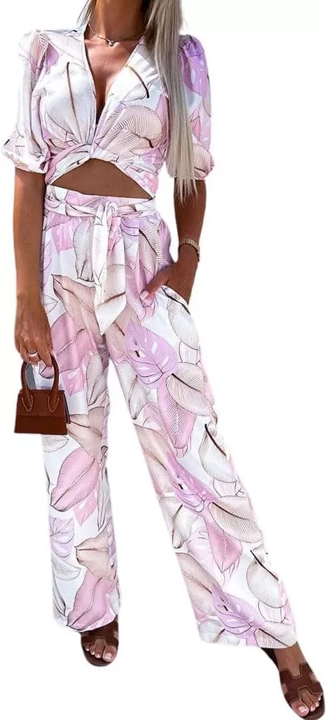 imagechouyatou Womens 2 Piece Outfits Floral Puff Sleeve Self Tie Crop Top and Elastic Waist Wide Leg Pants SetPink