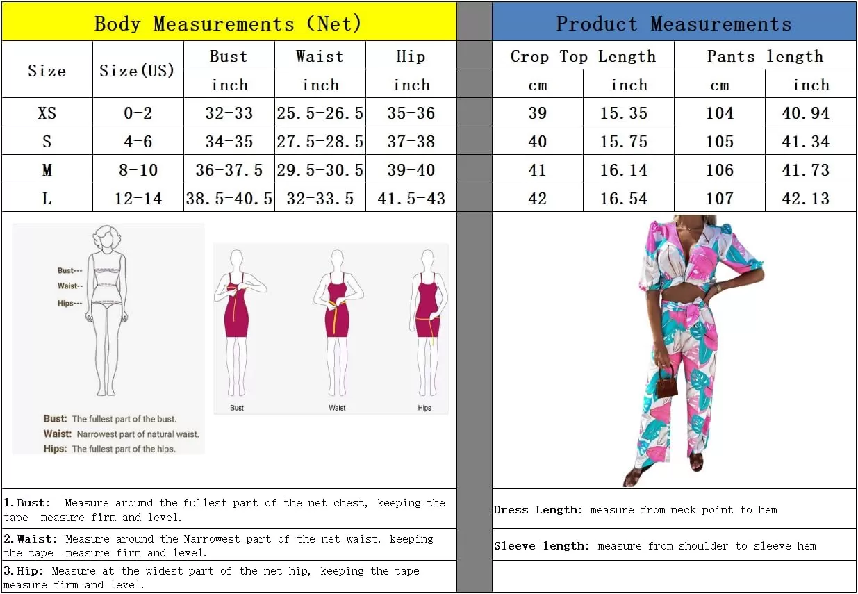 imagechouyatou Womens 2 Piece Outfits Floral Puff Sleeve Self Tie Crop Top and Elastic Waist Wide Leg Pants SetPink