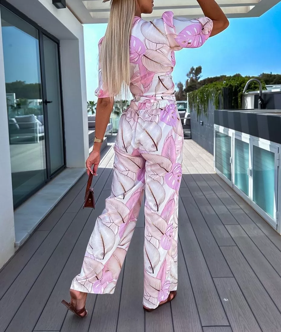 imagechouyatou Womens 2 Piece Outfits Floral Puff Sleeve Self Tie Crop Top and Elastic Waist Wide Leg Pants SetPink