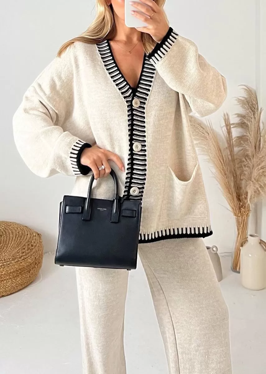 imagechouyatou Womens 2 Piece Outfits Knit Sweater Sets Button Down Cardigan Wide Leg Pants Lounge SetsApricot