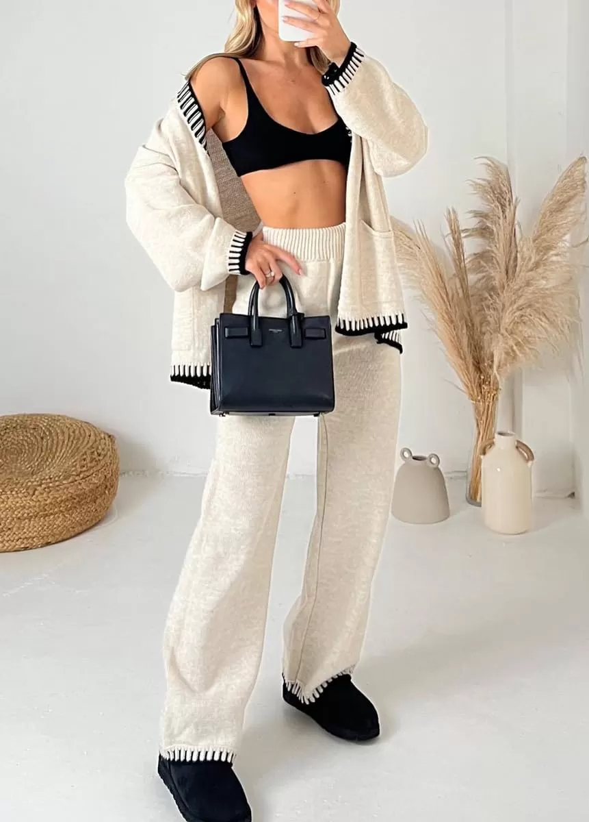 imagechouyatou Womens 2 Piece Outfits Knit Sweater Sets Button Down Cardigan Wide Leg Pants Lounge SetsApricot