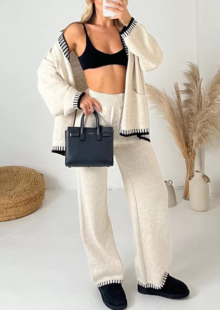 imagechouyatou Womens 2 Piece Outfits Knit Sweater Sets Button Down Cardigan Wide Leg Pants Lounge SetsApricot