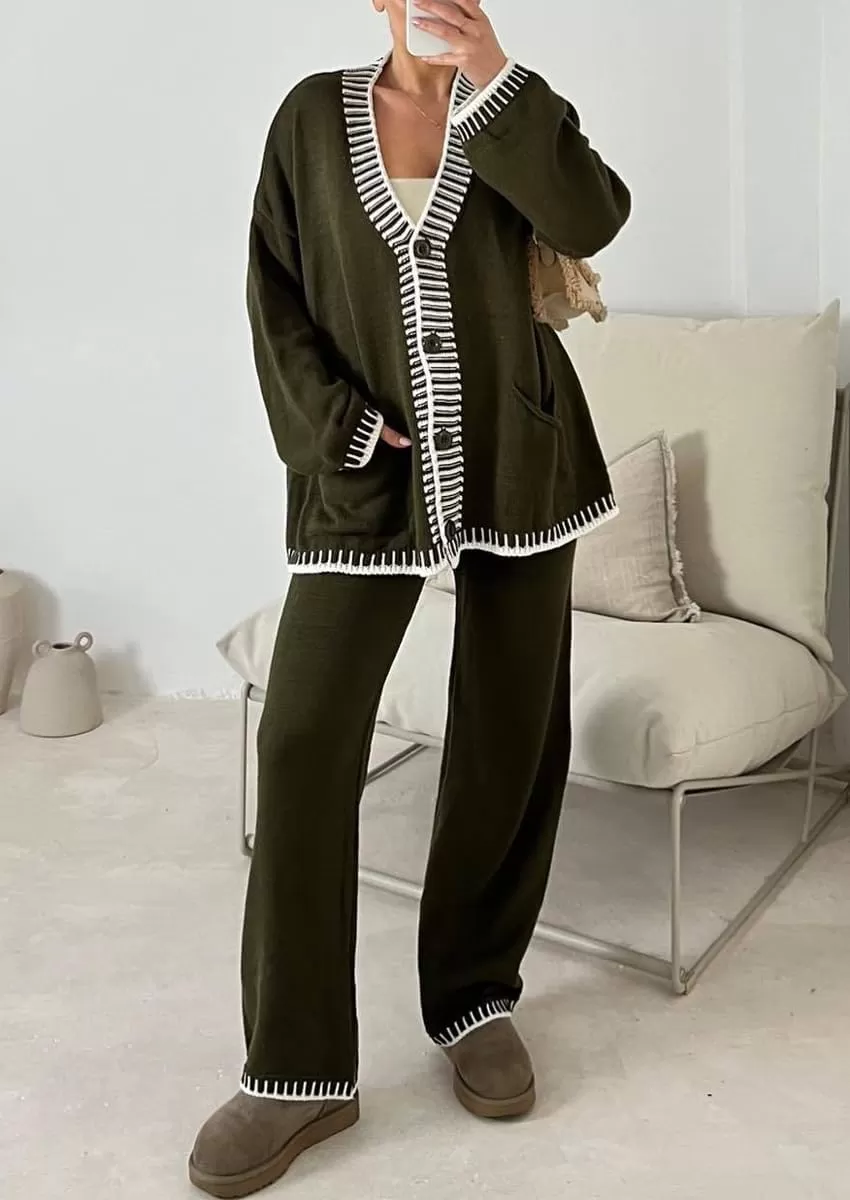 imagechouyatou Womens 2 Piece Outfits Knit Sweater Sets Button Down Cardigan Wide Leg Pants Lounge SetsArmy Green
