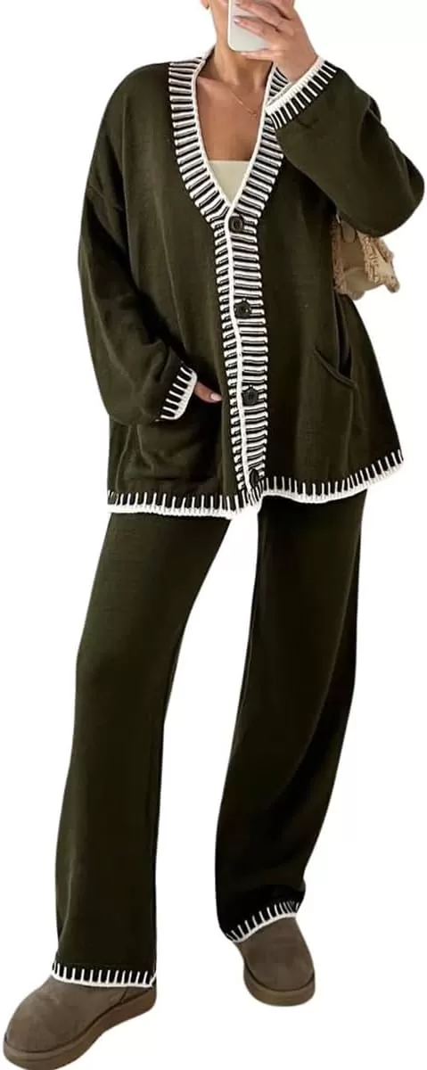imagechouyatou Womens 2 Piece Outfits Knit Sweater Sets Button Down Cardigan Wide Leg Pants Lounge SetsArmy Green