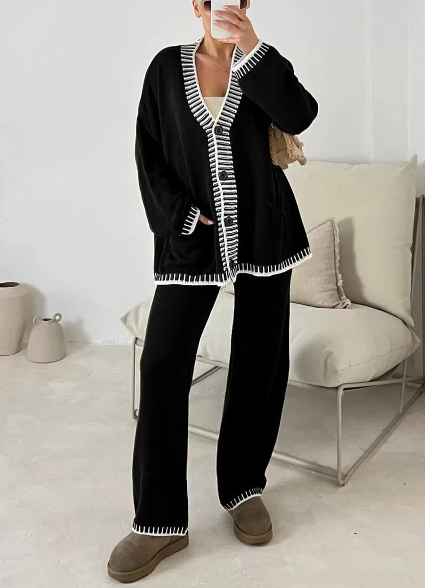 imagechouyatou Womens 2 Piece Outfits Knit Sweater Sets Button Down Cardigan Wide Leg Pants Lounge SetsBlack