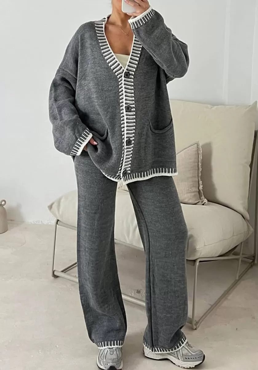 imagechouyatou Womens 2 Piece Outfits Knit Sweater Sets Button Down Cardigan Wide Leg Pants Lounge SetsGrey