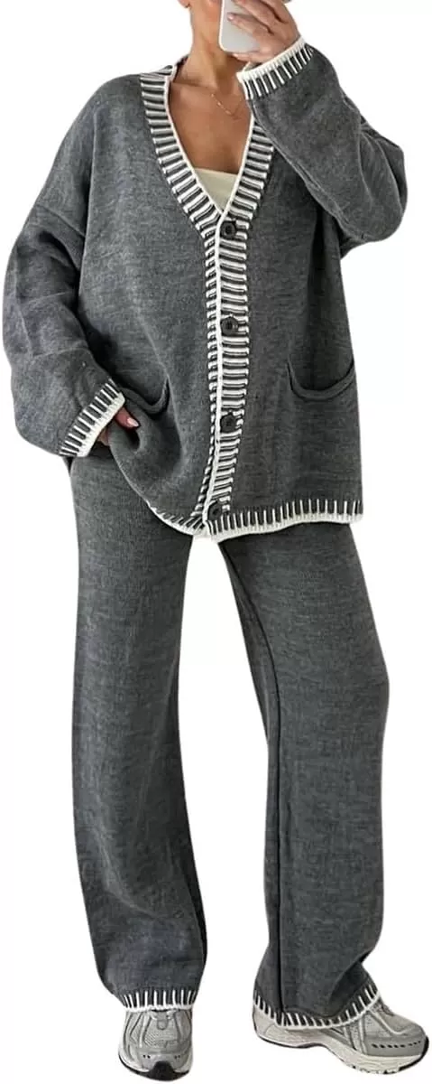 imagechouyatou Womens 2 Piece Outfits Knit Sweater Sets Button Down Cardigan Wide Leg Pants Lounge SetsGrey