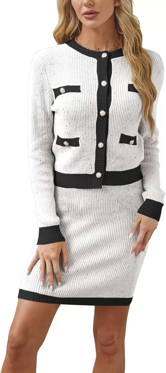 imagechouyatou Womens 2 Piece Sweater Skirt Outfits Ribbed Knit Button Up Cardigan Mini Skirt Two Piece SetsApricot