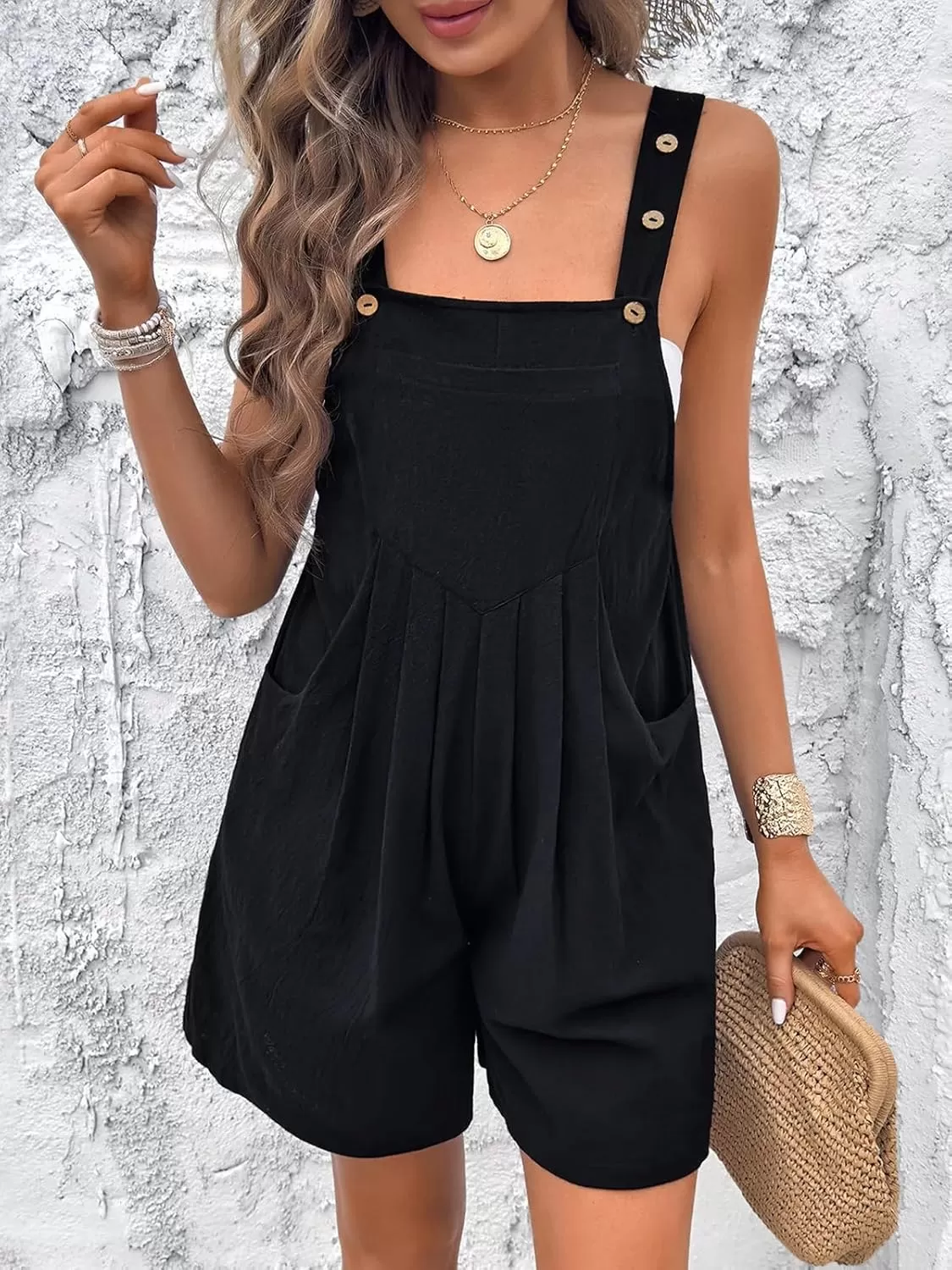 imagechouyatou Womens Adjustable Strap Striped Wide Leg Jumpsuit Bib Overall Romper Shorts with PocketsBlack