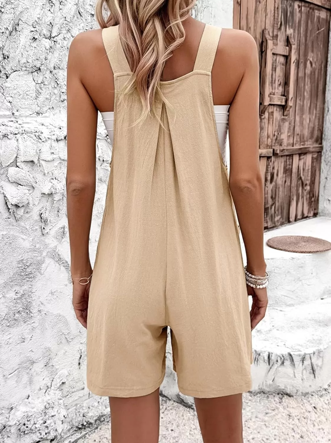 imagechouyatou Womens Adjustable Strap Striped Wide Leg Jumpsuit Bib Overall Romper Shorts with PocketsKhaki