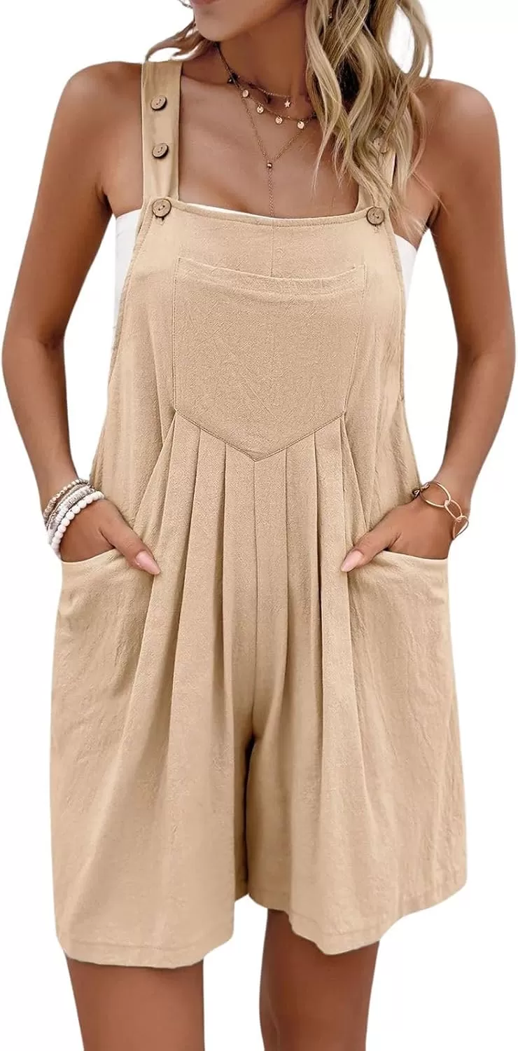 imagechouyatou Womens Adjustable Strap Striped Wide Leg Jumpsuit Bib Overall Romper Shorts with PocketsKhaki