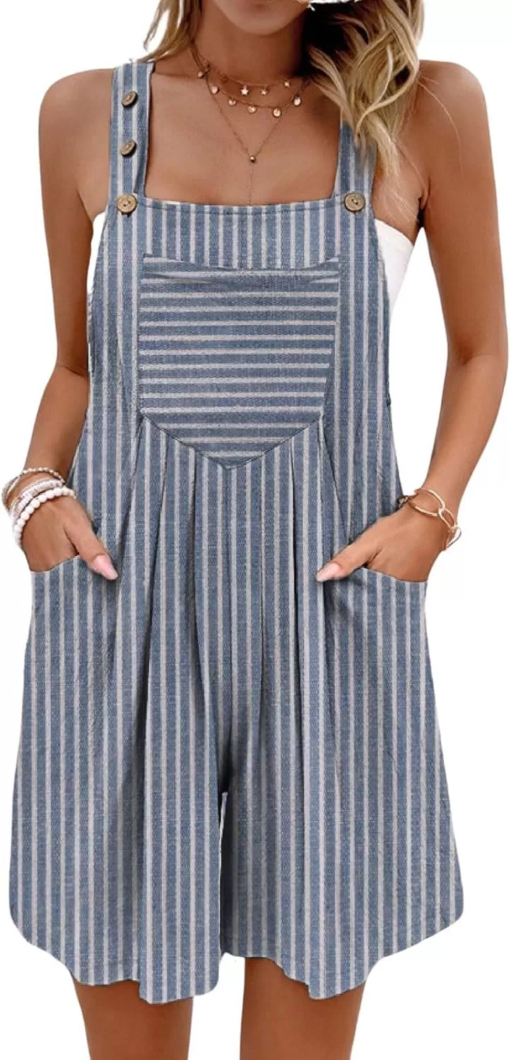 imagechouyatou Womens Adjustable Strap Striped Wide Leg Jumpsuit Bib Overall Romper Shorts with PocketsStriped Navy