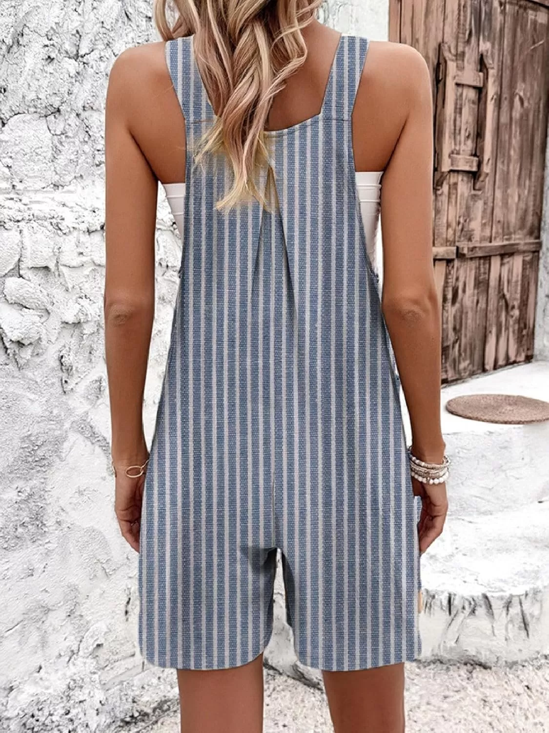 imagechouyatou Womens Adjustable Strap Striped Wide Leg Jumpsuit Bib Overall Romper Shorts with PocketsStriped Navy
