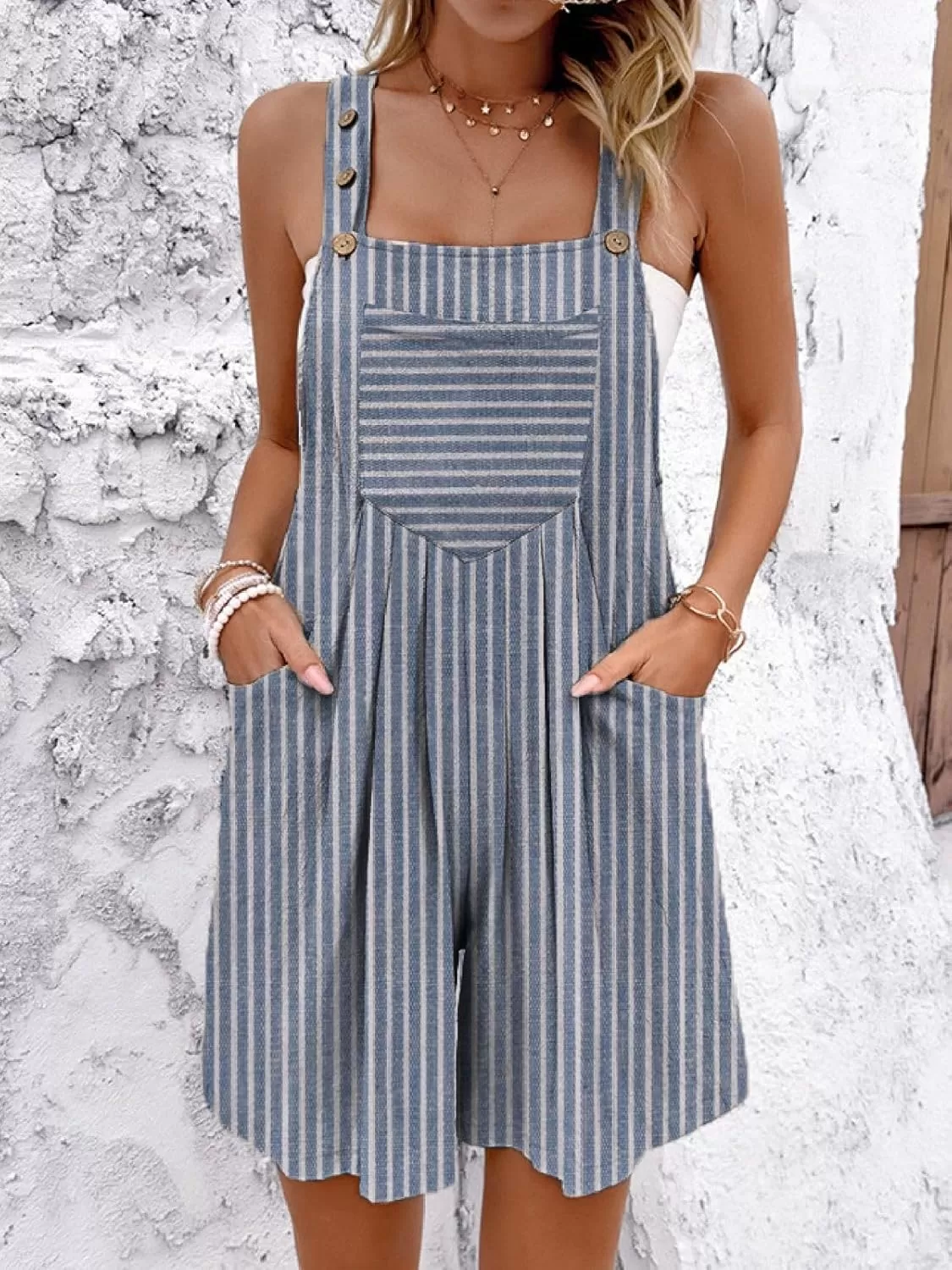 imagechouyatou Womens Adjustable Strap Striped Wide Leg Jumpsuit Bib Overall Romper Shorts with PocketsStriped Navy