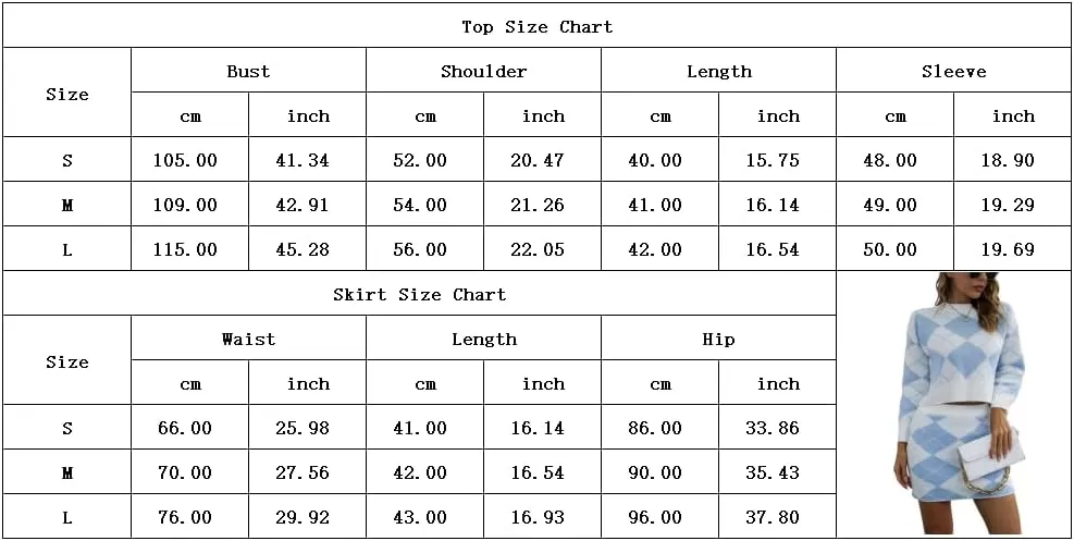 imagechouyatou Womens Argyle Plaid Crop Sweater Mini Pencil Skirt Set Knitted 2 Piece OutfitsBlue