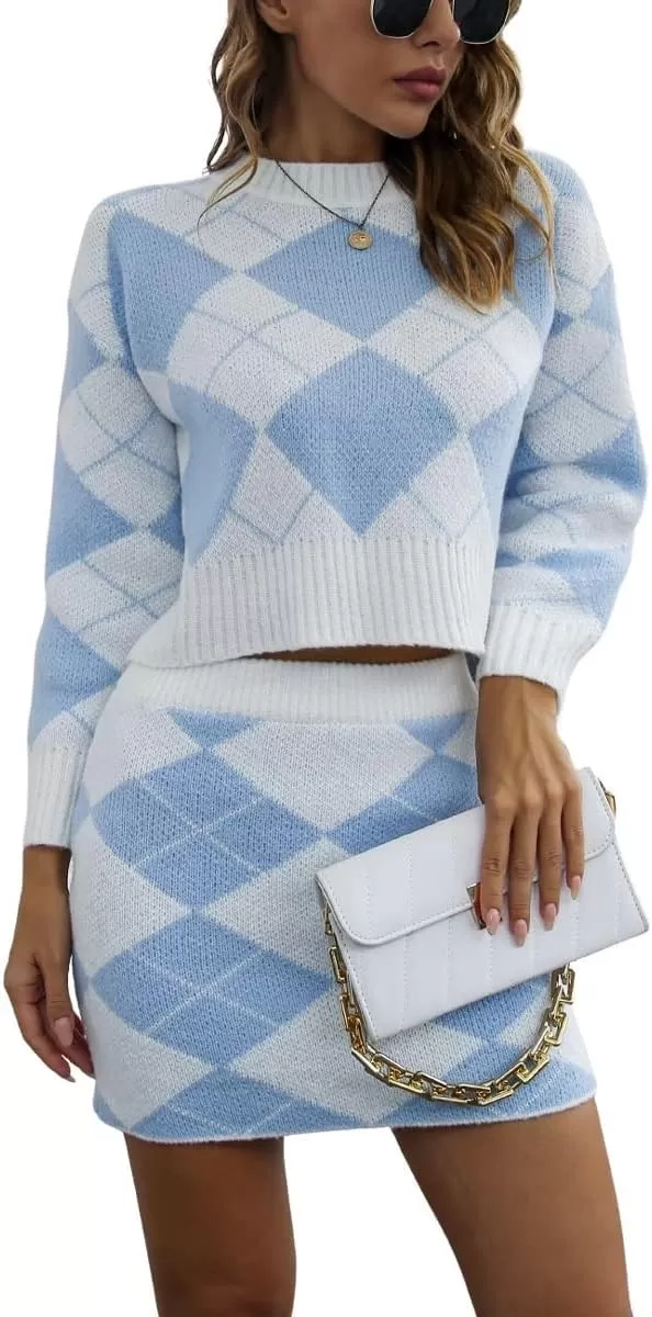 imagechouyatou Womens Argyle Plaid Crop Sweater Mini Pencil Skirt Set Knitted 2 Piece OutfitsBlue