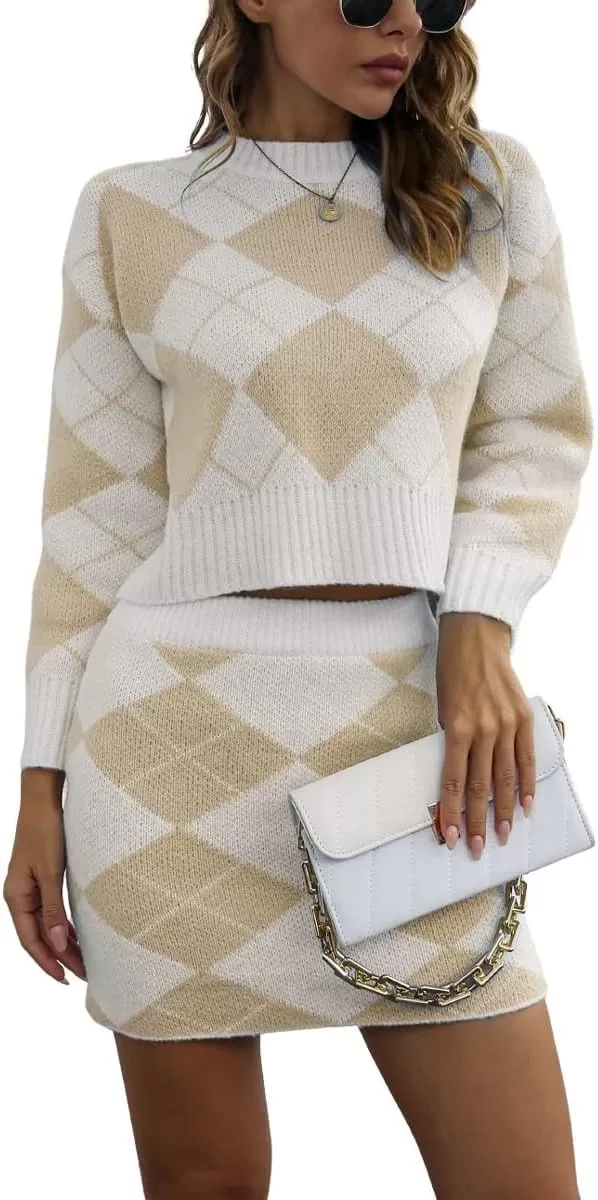 imagechouyatou Womens Argyle Plaid Crop Sweater Mini Pencil Skirt Set Knitted 2 Piece OutfitsKhaki