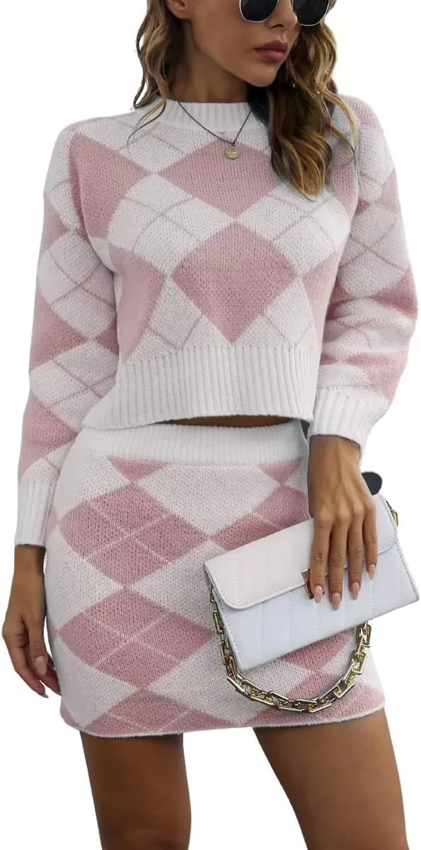 imagechouyatou Womens Argyle Plaid Crop Sweater Mini Pencil Skirt Set Knitted 2 Piece OutfitsPink