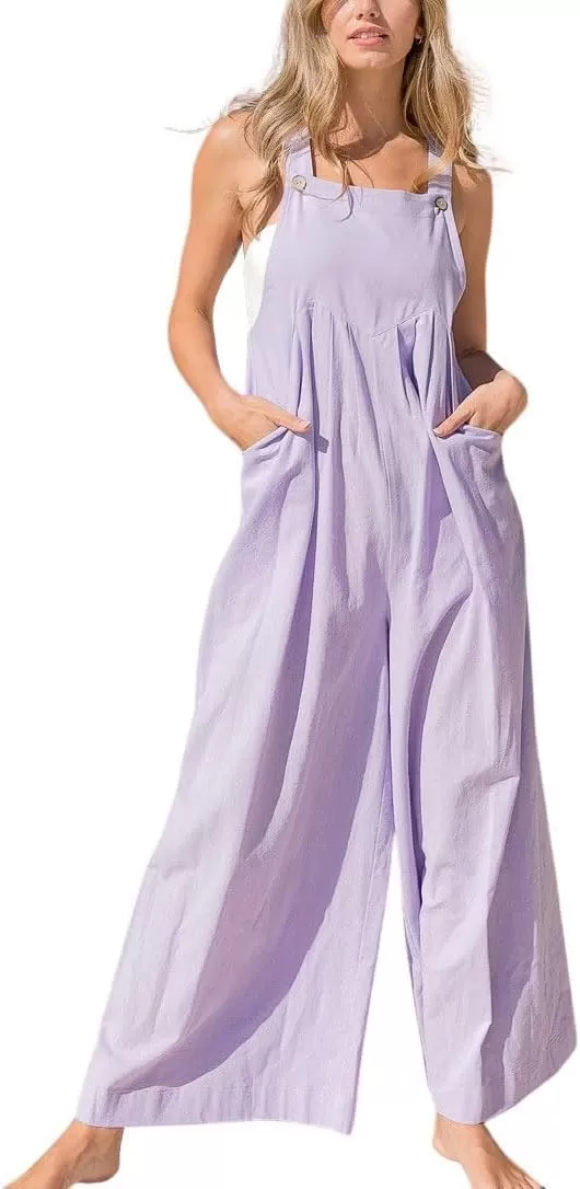 imagechouyatou Womens Casual Spaghetti Strap Wide Leg Bib Overall Jumpsuit Palazzo Pants with PocketsLight Blue