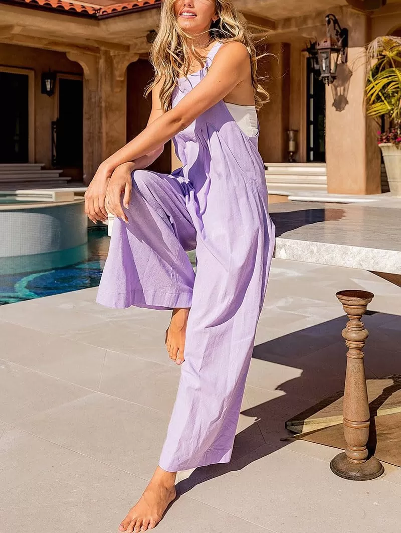 imagechouyatou Womens Casual Spaghetti Strap Wide Leg Bib Overall Jumpsuit Palazzo Pants with PocketsLight Blue