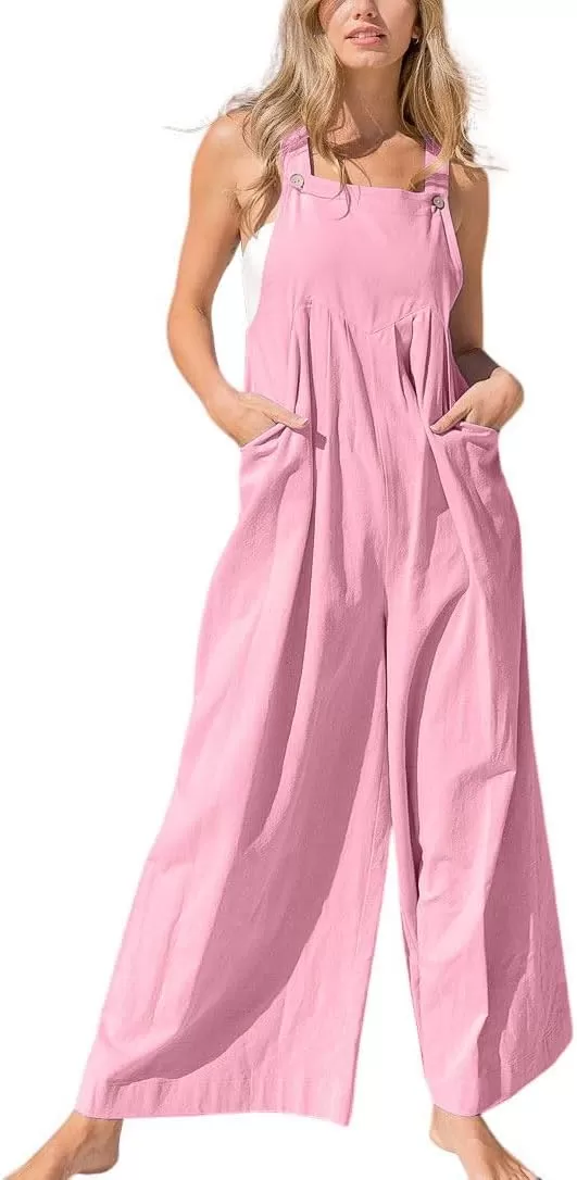 imagechouyatou Womens Casual Spaghetti Strap Wide Leg Bib Overall Jumpsuit Palazzo Pants with PocketsPink
