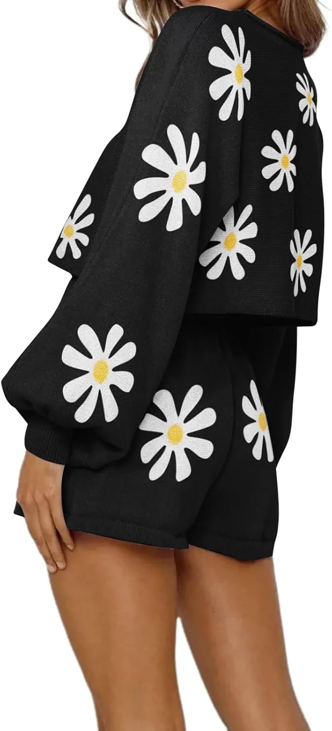 imagechouyatou Womens Daisy Flower Sweater 2 Pieces Outfit Long Sleeve Sweater Crop Top and Shorts SetBlack