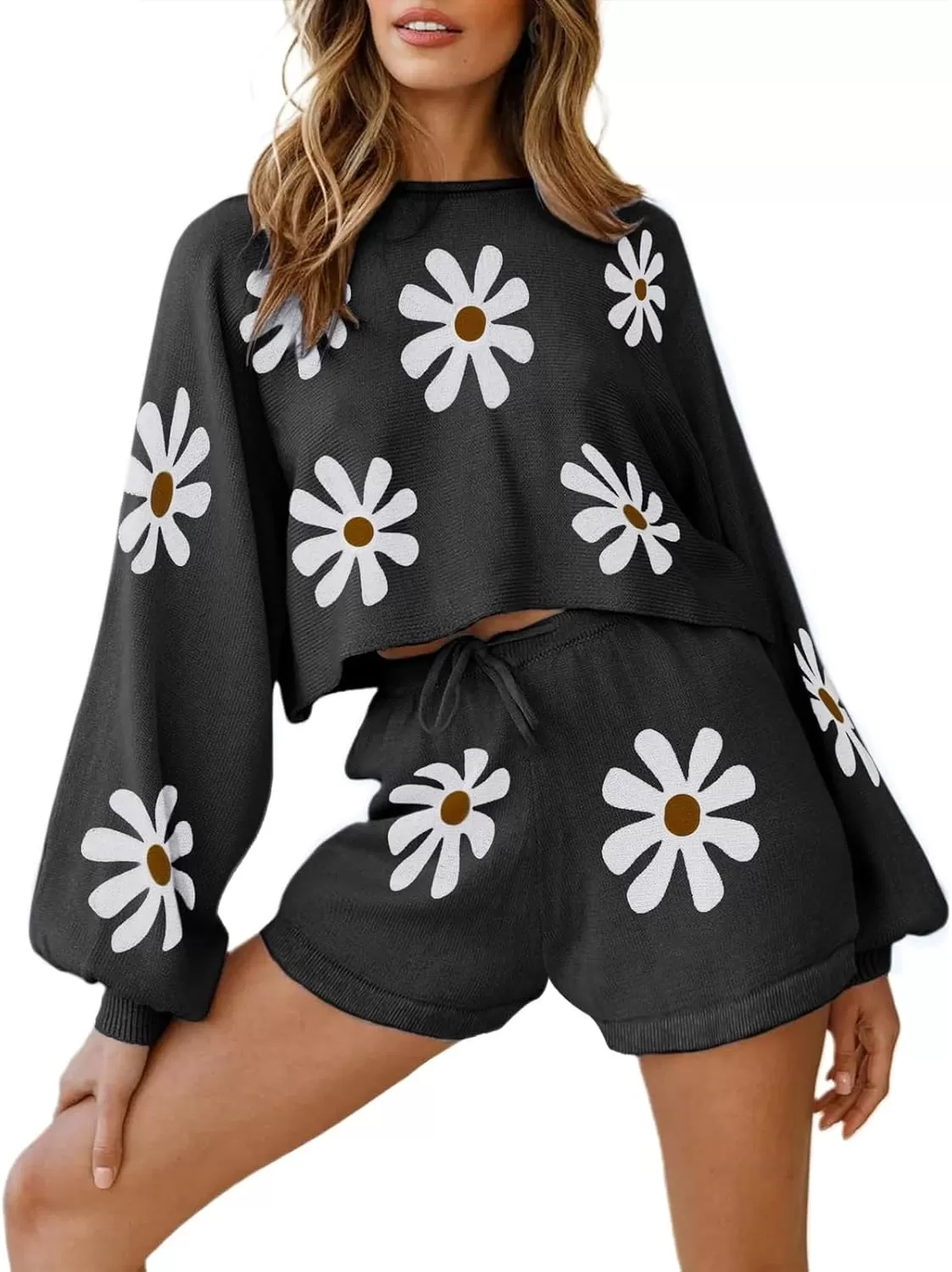 imagechouyatou Womens Daisy Flower Sweater 2 Pieces Outfit Long Sleeve Sweater Crop Top and Shorts SetBlack