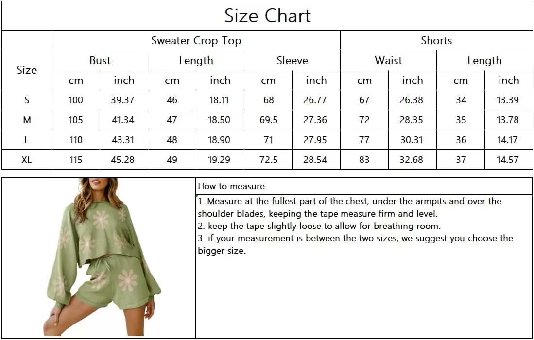imagechouyatou Womens Daisy Flower Sweater 2 Pieces Outfit Long Sleeve Sweater Crop Top and Shorts SetBlack
