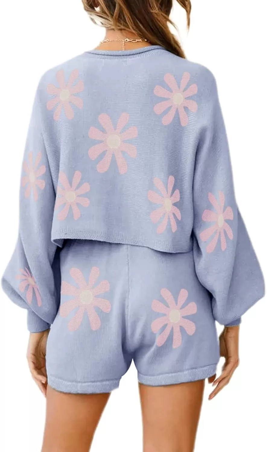 imagechouyatou Womens Daisy Flower Sweater 2 Pieces Outfit Long Sleeve Sweater Crop Top and Shorts SetLight Blue