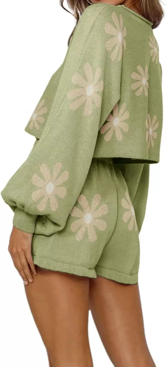 imagechouyatou Womens Daisy Flower Sweater 2 Pieces Outfit Long Sleeve Sweater Crop Top and Shorts SetPea Green