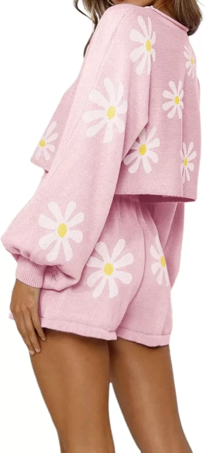imagechouyatou Womens Daisy Flower Sweater 2 Pieces Outfit Long Sleeve Sweater Crop Top and Shorts SetPink