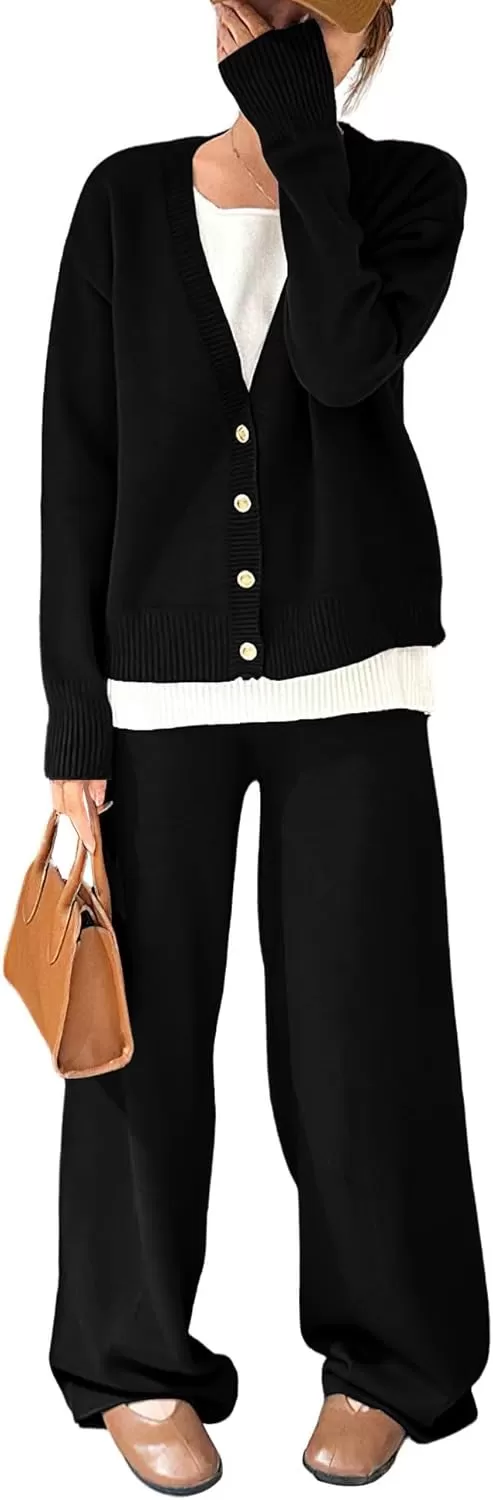 imagechouyatou Womens Fall 2 Piece Outfits Knit Pullover Sweater Sets Cardigan Wide Leg Pants Lounge SetsBlack