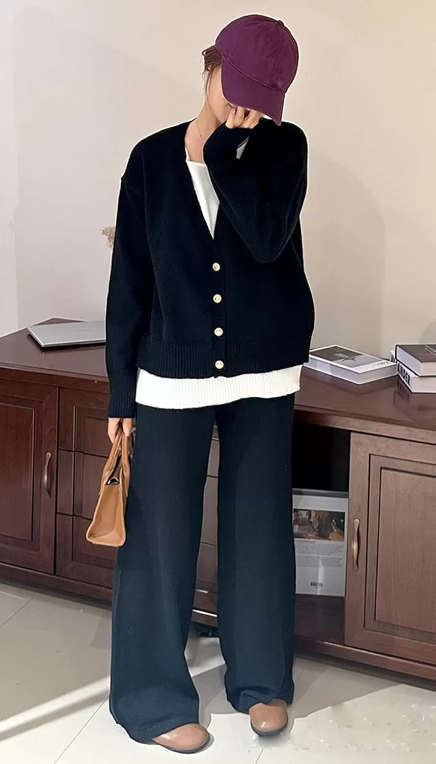 imagechouyatou Womens Fall 2 Piece Outfits Knit Pullover Sweater Sets Cardigan Wide Leg Pants Lounge SetsBlack