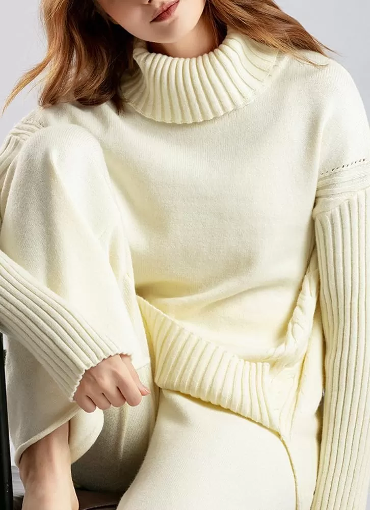 imagechouyatou Womens Fall 2 Piece Outfits Turtleneck Cable Knit Sweater Wide Leg Pant Sets Lounge SetsBeige