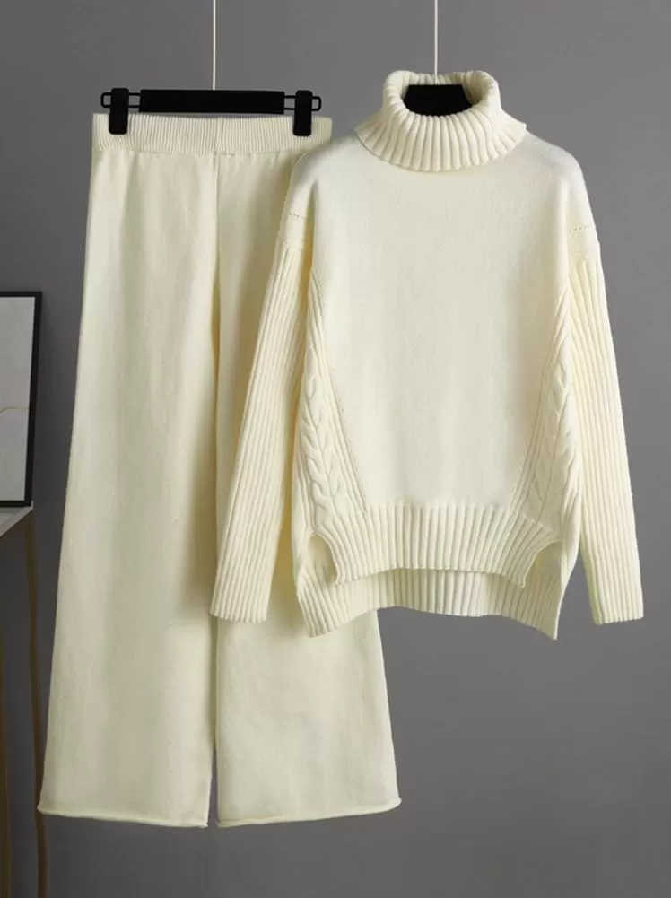 imagechouyatou Womens Fall 2 Piece Outfits Turtleneck Cable Knit Sweater Wide Leg Pant Sets Lounge SetsBeige