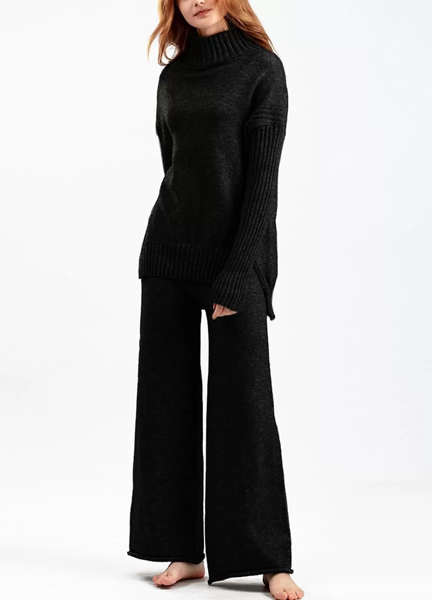 imagechouyatou Womens Fall 2 Piece Outfits Turtleneck Cable Knit Sweater Wide Leg Pant Sets Lounge SetsBlack