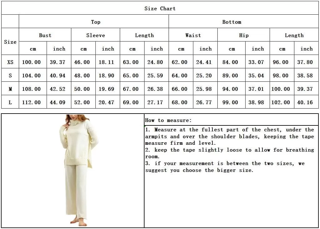 imagechouyatou Womens Fall 2 Piece Outfits Turtleneck Cable Knit Sweater Wide Leg Pant Sets Lounge SetsBlack