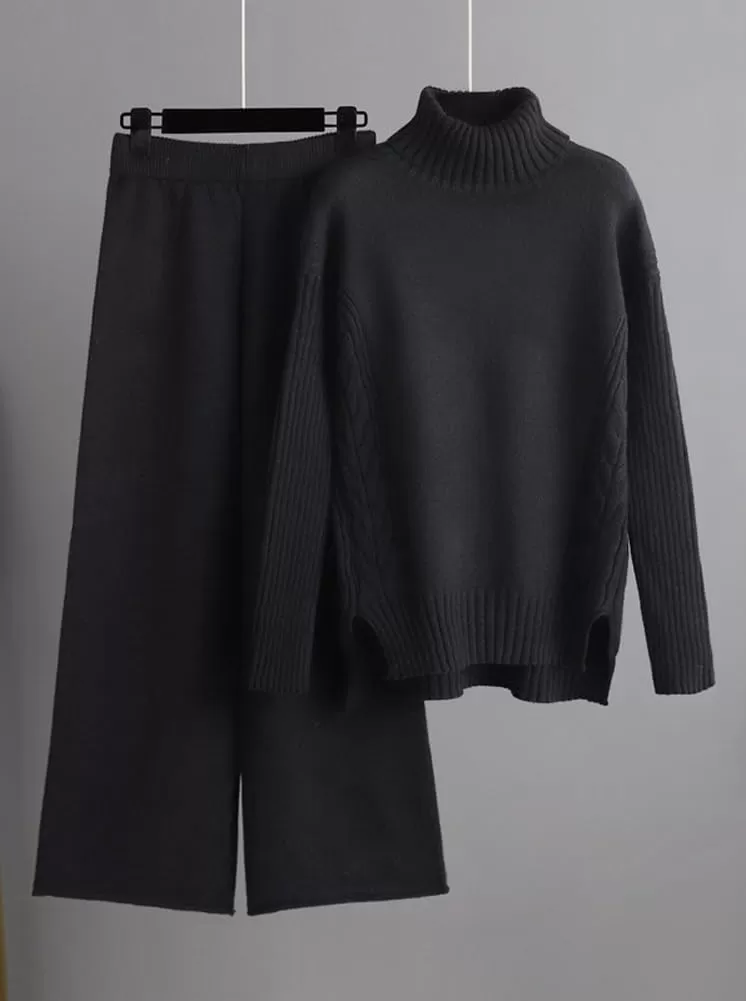 imagechouyatou Womens Fall 2 Piece Outfits Turtleneck Cable Knit Sweater Wide Leg Pant Sets Lounge SetsBlack
