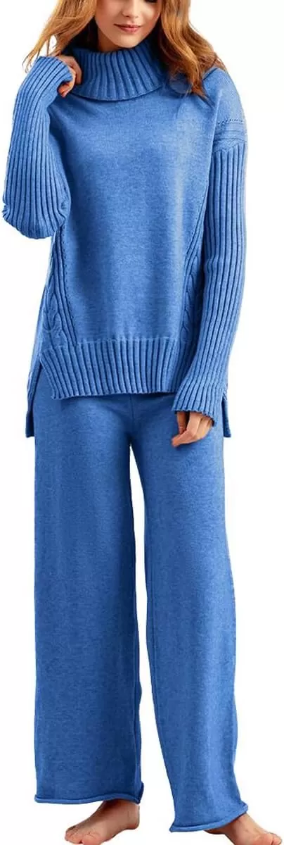 imagechouyatou Womens Fall 2 Piece Outfits Turtleneck Cable Knit Sweater Wide Leg Pant Sets Lounge SetsBlue