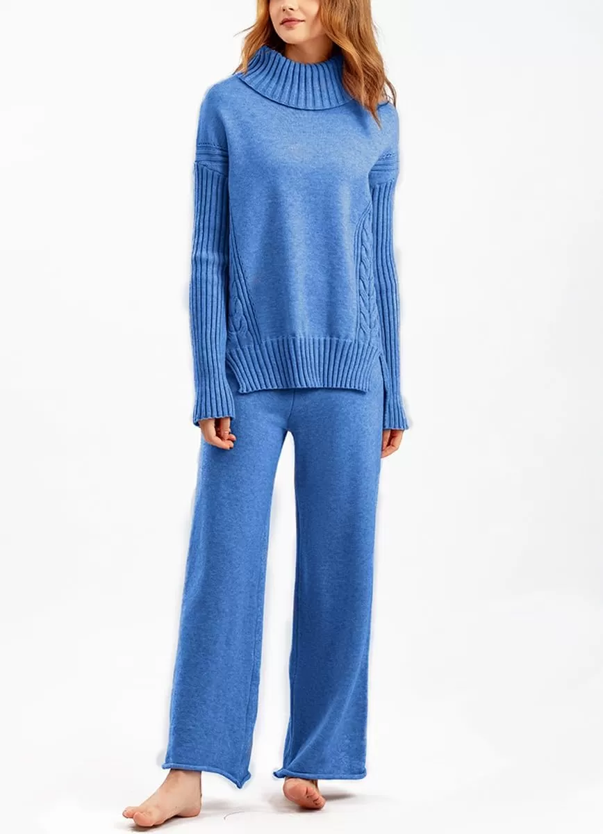 imagechouyatou Womens Fall 2 Piece Outfits Turtleneck Cable Knit Sweater Wide Leg Pant Sets Lounge SetsBlue