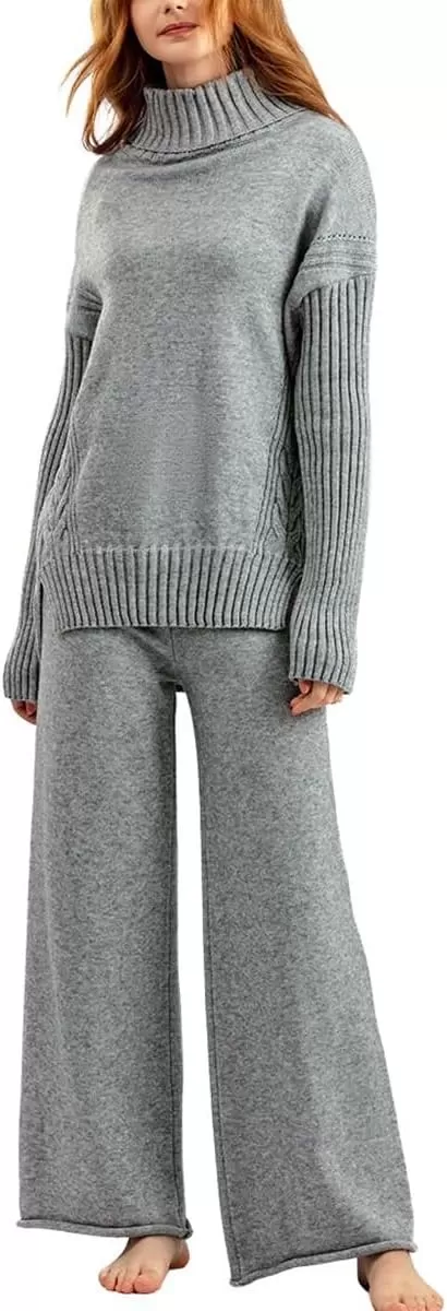 imagechouyatou Womens Fall 2 Piece Outfits Turtleneck Cable Knit Sweater Wide Leg Pant Sets Lounge SetsGrey