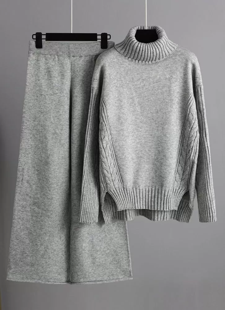 imagechouyatou Womens Fall 2 Piece Outfits Turtleneck Cable Knit Sweater Wide Leg Pant Sets Lounge SetsGrey