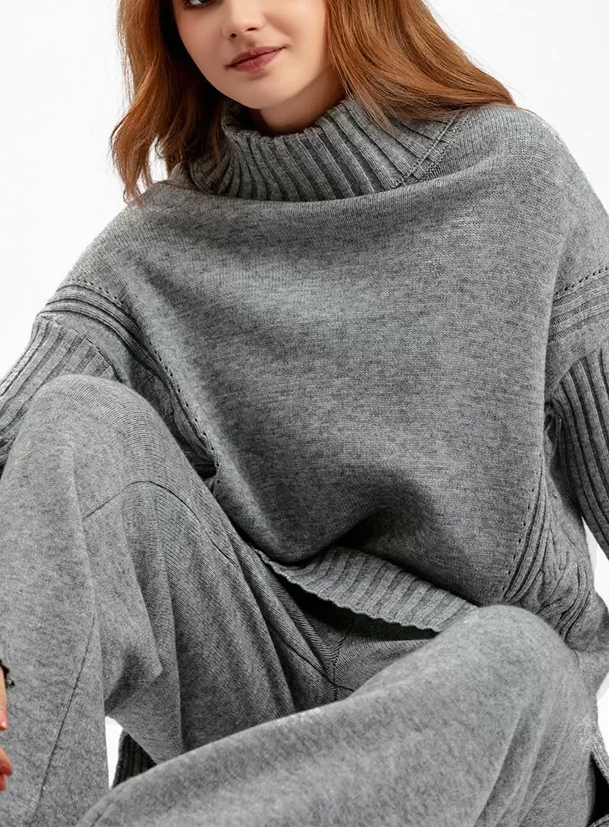 imagechouyatou Womens Fall 2 Piece Outfits Turtleneck Cable Knit Sweater Wide Leg Pant Sets Lounge SetsGrey