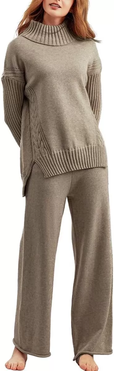 imagechouyatou Womens Fall 2 Piece Outfits Turtleneck Cable Knit Sweater Wide Leg Pant Sets Lounge SetsKhaki