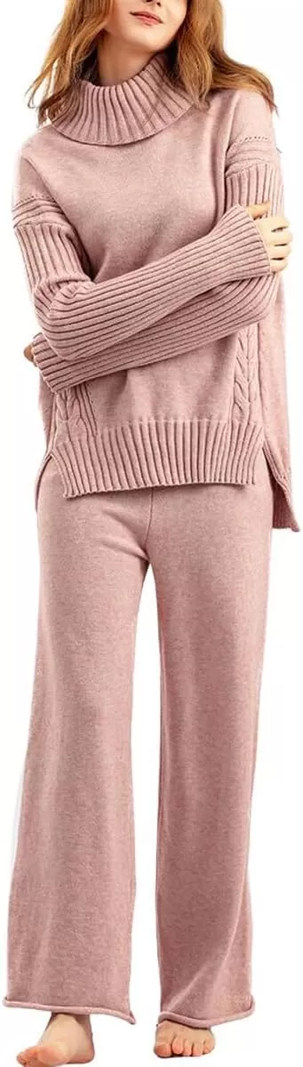 imagechouyatou Womens Fall 2 Piece Outfits Turtleneck Cable Knit Sweater Wide Leg Pant Sets Lounge SetsPink