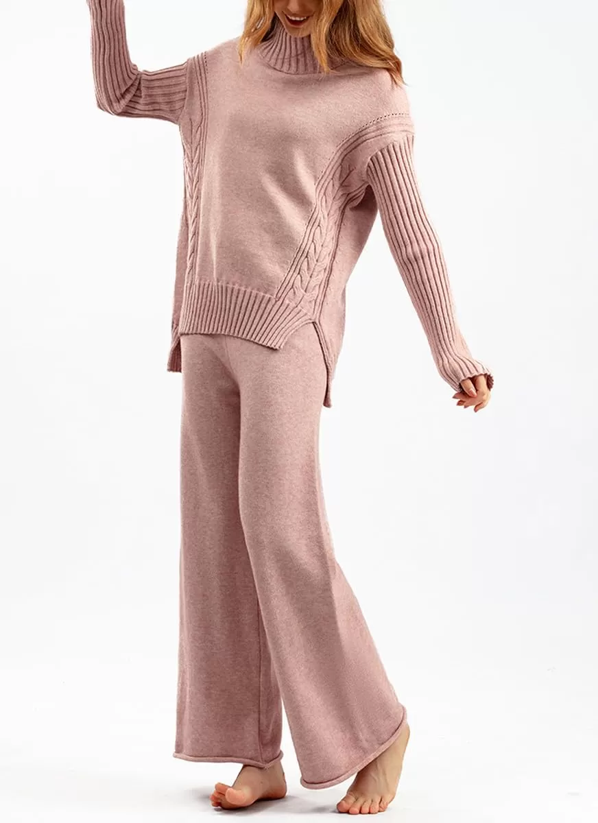 imagechouyatou Womens Fall 2 Piece Outfits Turtleneck Cable Knit Sweater Wide Leg Pant Sets Lounge SetsPink