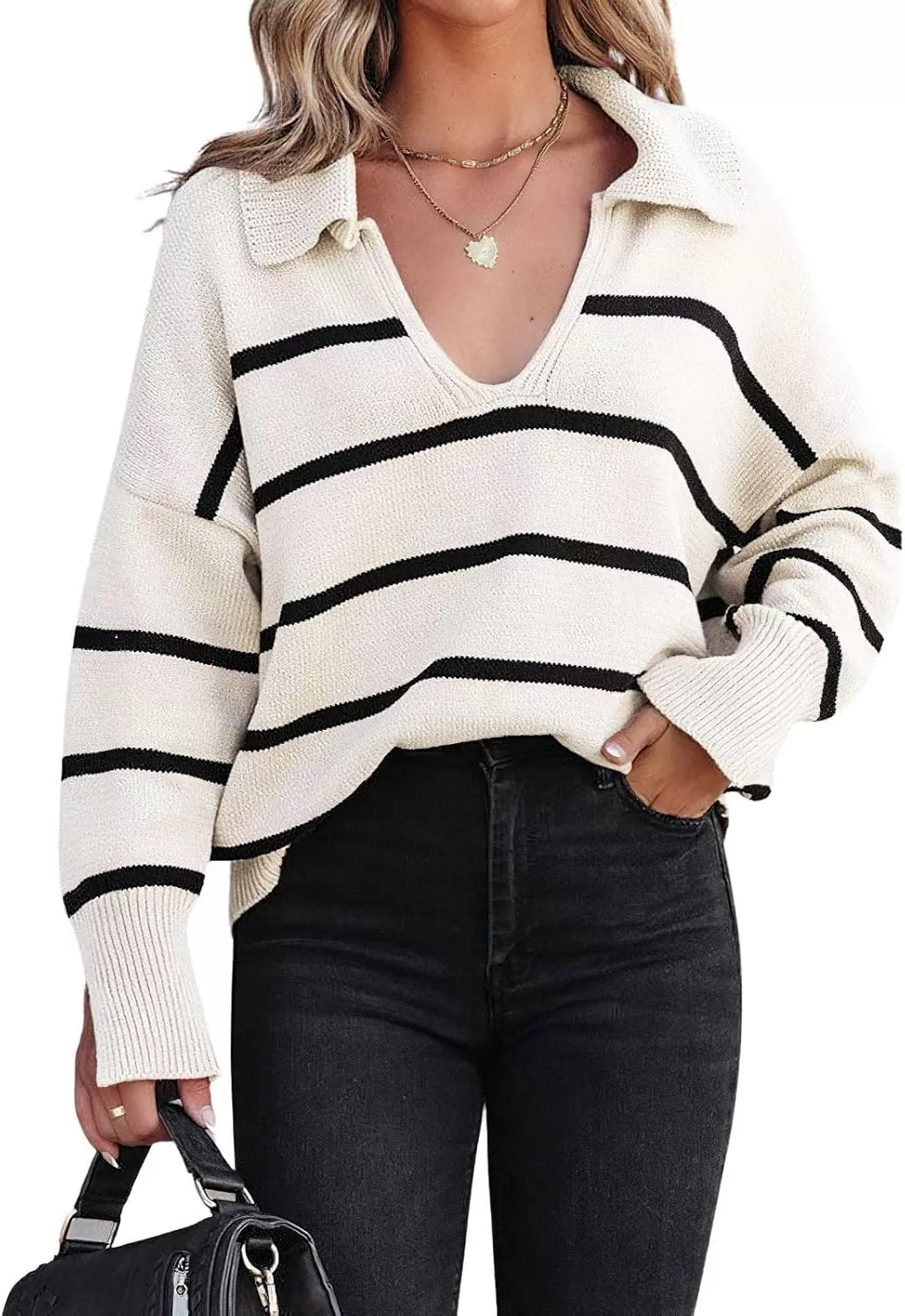 imagechouyatou Womens Fall Casual VNEC Striped Sweater Loose Fit Polo Collared Knit Sweater Jumper TopBeige