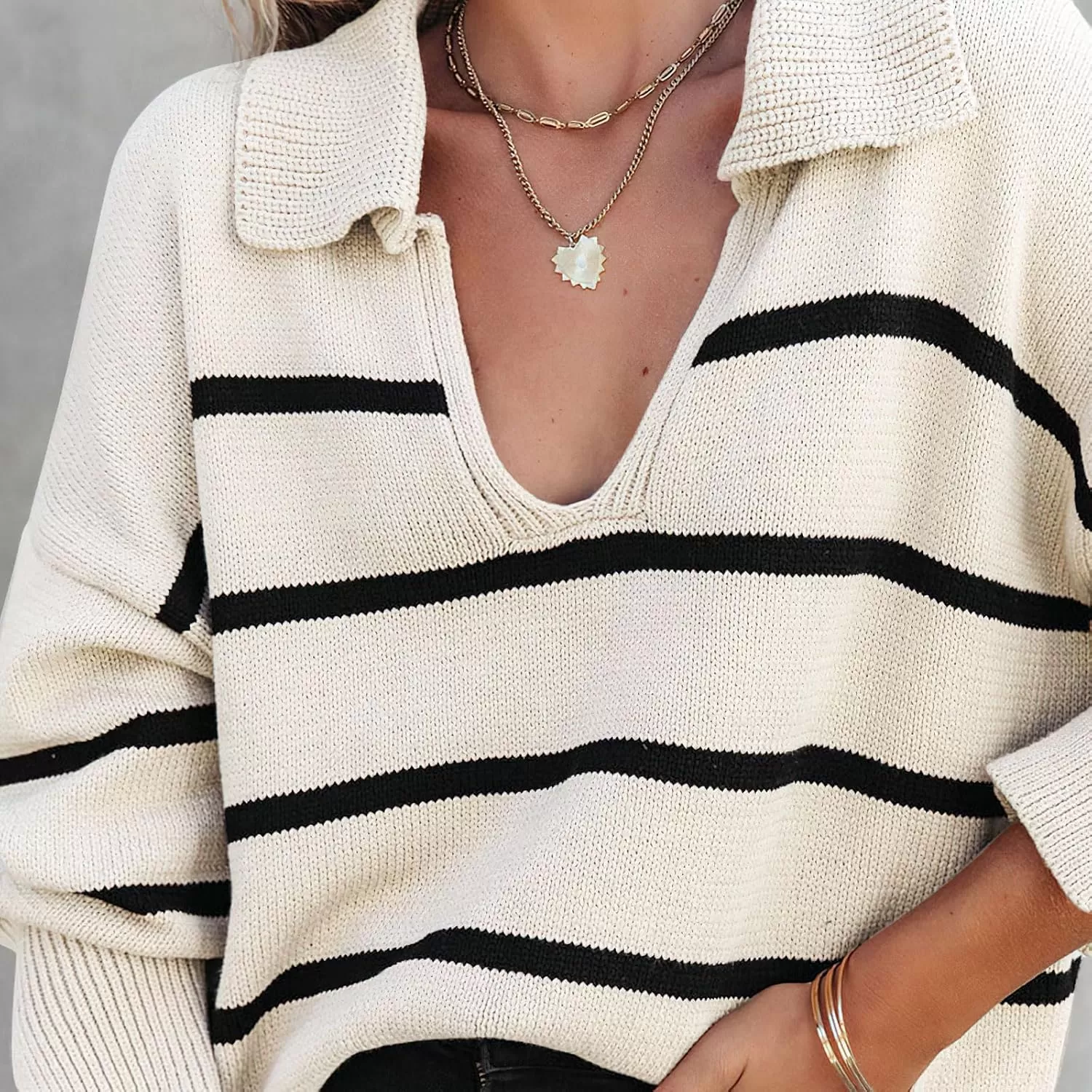 imagechouyatou Womens Fall Casual VNEC Striped Sweater Loose Fit Polo Collared Knit Sweater Jumper TopBeige